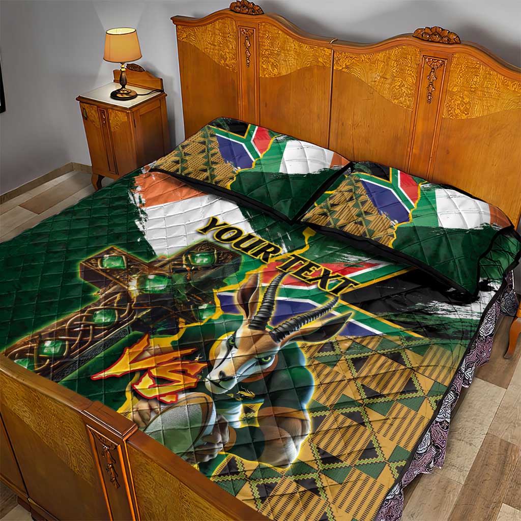 Personalized South Africa Versus Ireland Rugby Quilt Bed Set - Springbok Mascot, Celtic Cross Design LT03