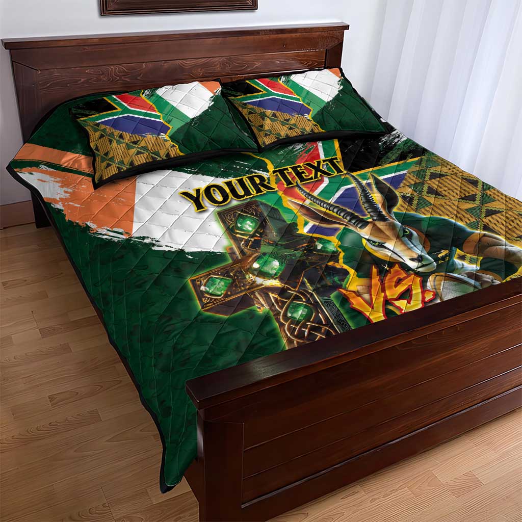 Personalized South Africa Versus Ireland Rugby Quilt Bed Set - Springbok Mascot, Celtic Cross Design LT03