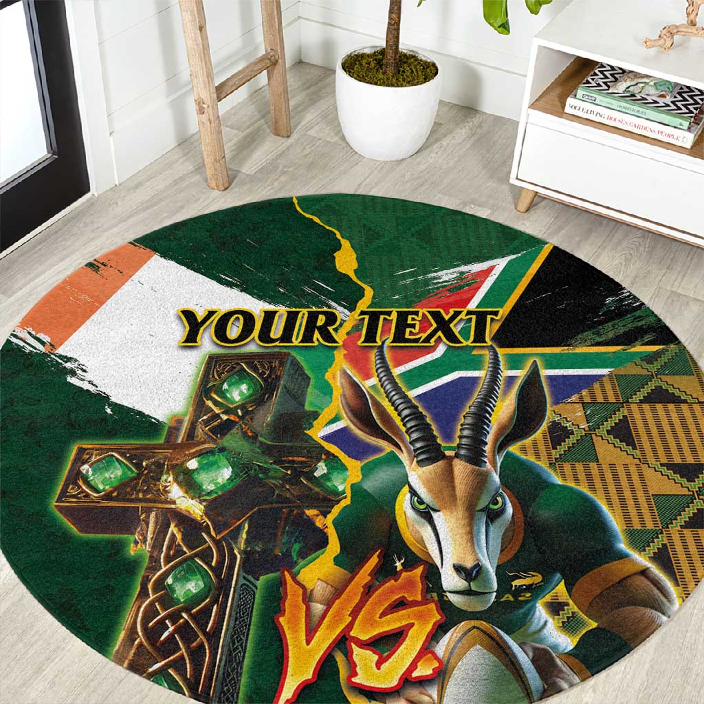 Personalized South Africa Versus Ireland Rugby Round Carpet - Springbok Mascot, Celtic Cross Design LT03