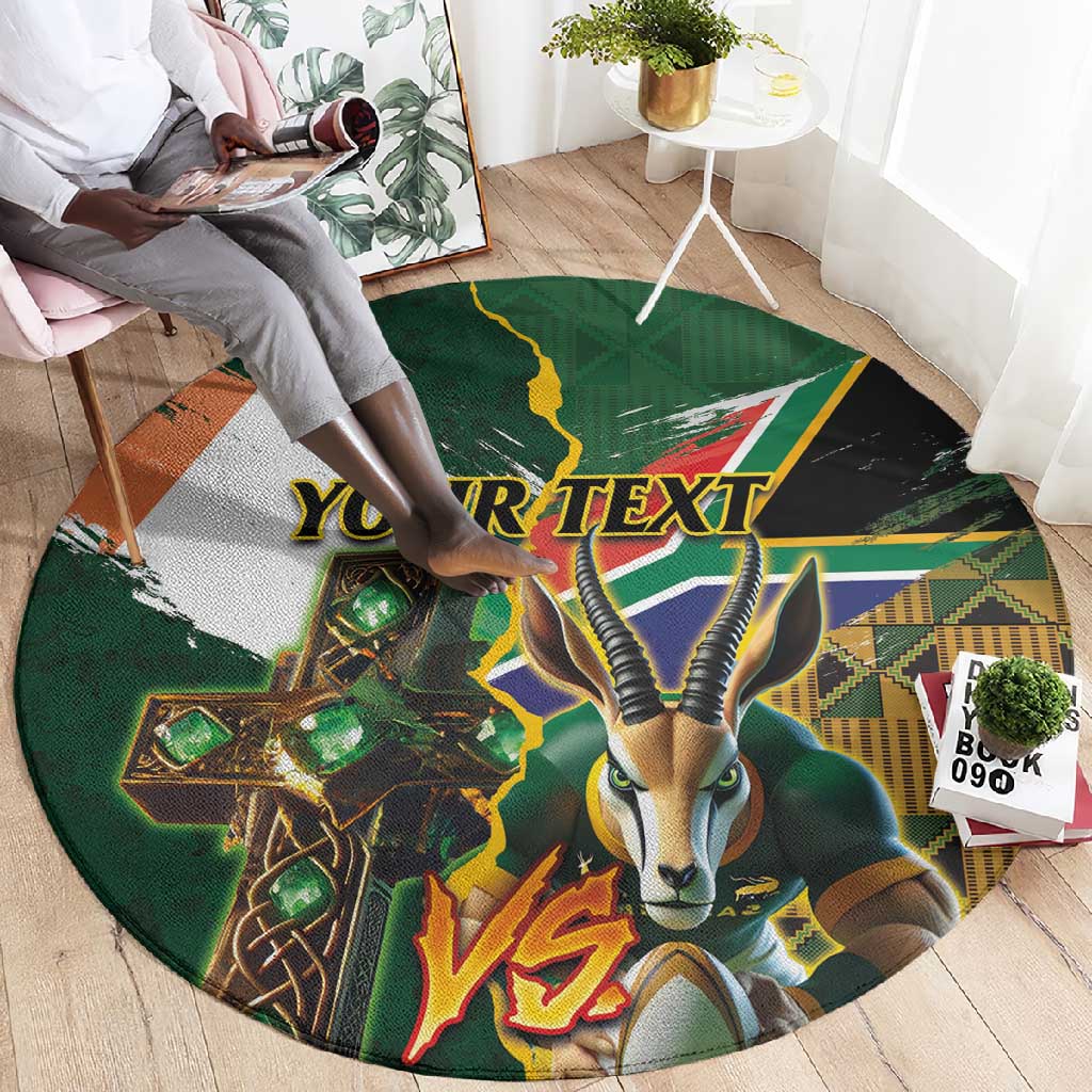 Personalized South Africa Versus Ireland Rugby Round Carpet - Springbok Mascot, Celtic Cross Design LT03