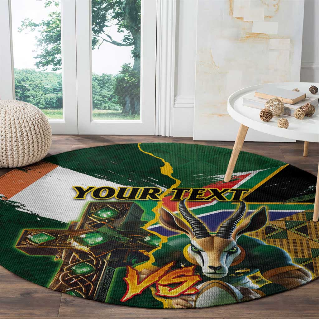 Personalized South Africa Versus Ireland Rugby Round Carpet - Springbok Mascot, Celtic Cross Design LT03
