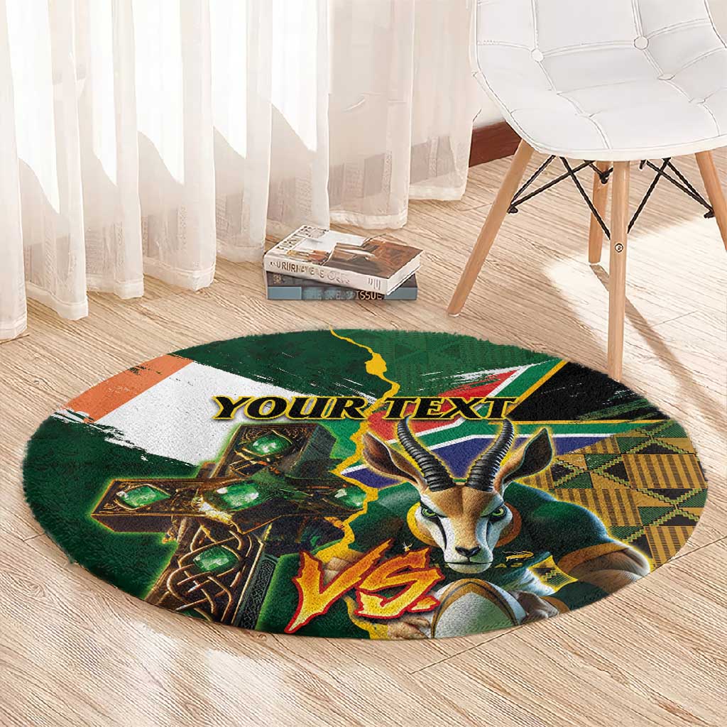 Personalized South Africa Versus Ireland Rugby Round Carpet - Springbok Mascot, Celtic Cross Design LT03