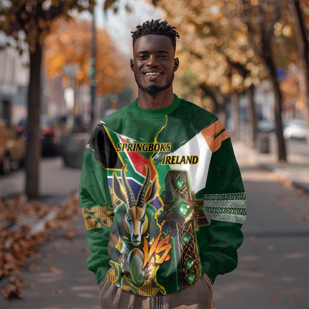 Personalized South Africa Versus Ireland Rugby Sweatshirt - Springbok Mascot, Celtic Cross Design LT03
