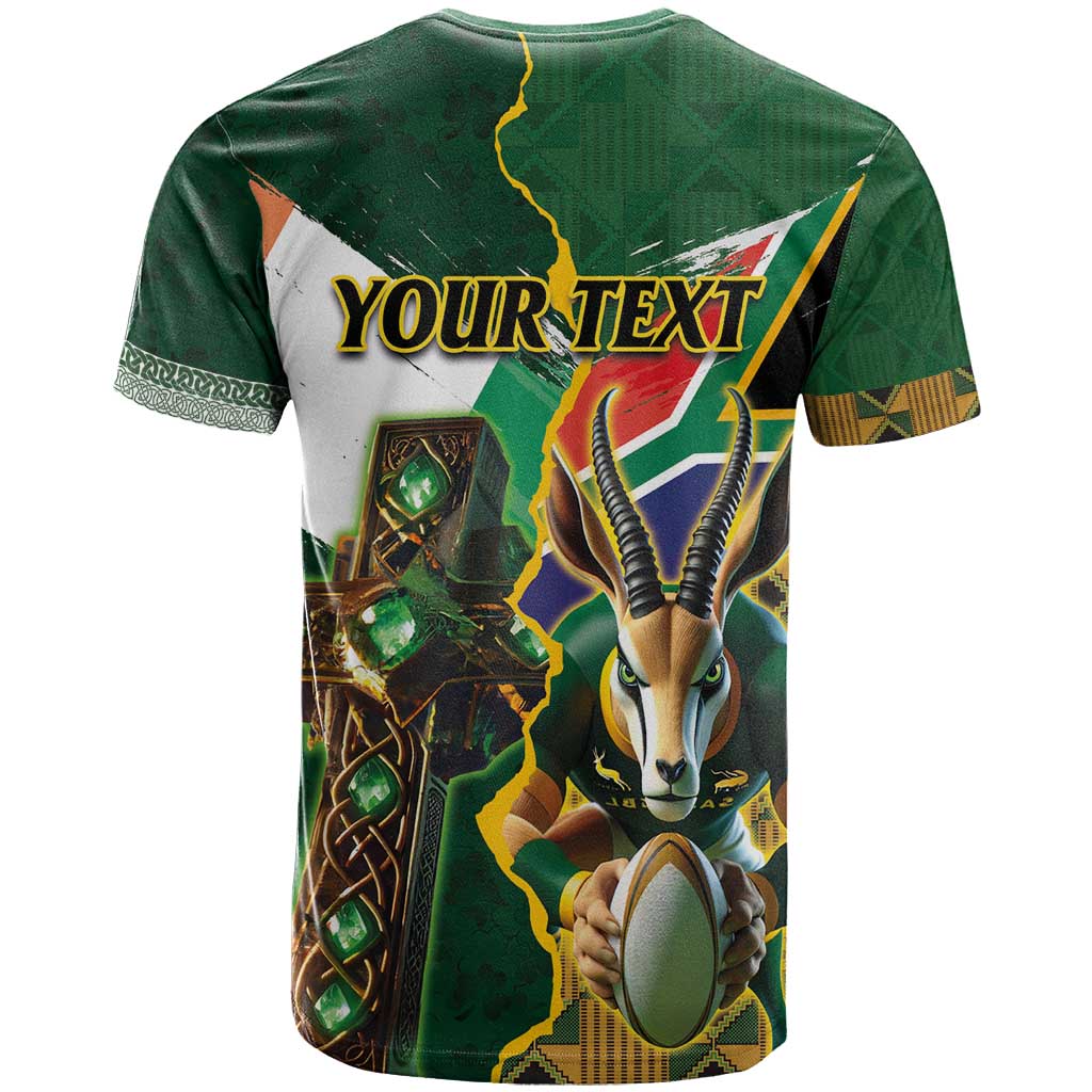 Personalized South Africa Versus Ireland Rugby T shirt - Springbok Mascot, Celtic Cross Design LT03