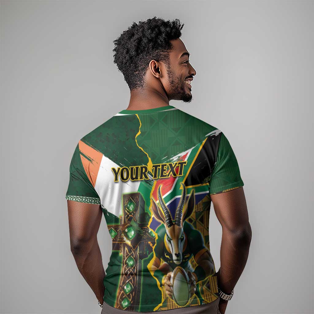 Personalized South Africa Versus Ireland Rugby T shirt - Springbok Mascot, Celtic Cross Design LT03