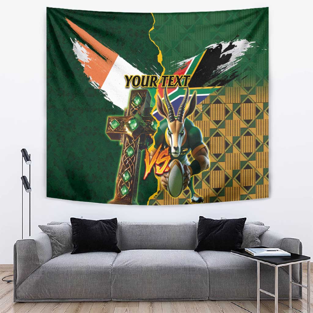 Personalized South Africa Versus Ireland Rugby Tapestry - Springbok Mascot, Celtic Cross Design LT03