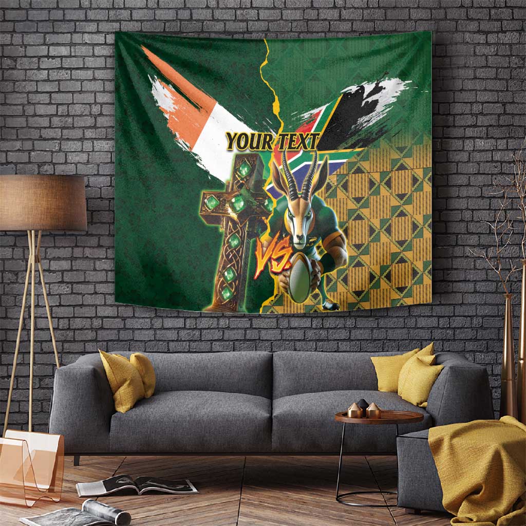 Personalized South Africa Versus Ireland Rugby Tapestry - Springbok Mascot, Celtic Cross Design LT03
