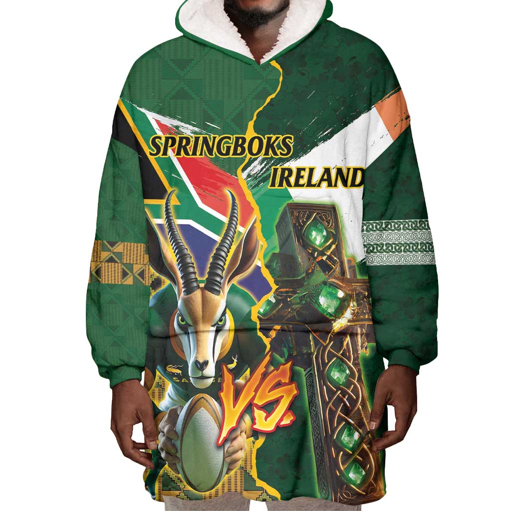 Personalized South Africa Versus Ireland Rugby Wearable Blanket Hoodie - Springbok Mascot, Celtic Cross Design LT03