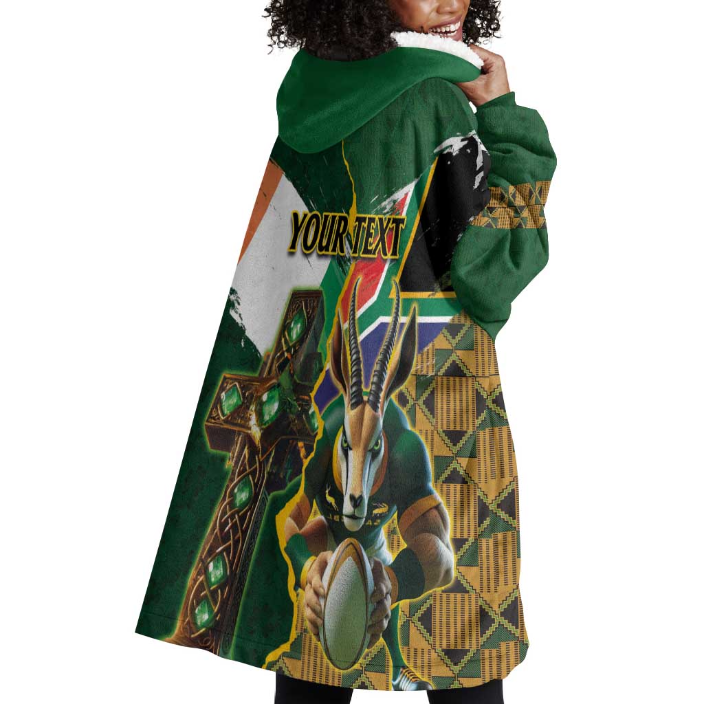 Personalized South Africa Versus Ireland Rugby Wearable Blanket Hoodie - Springbok Mascot, Celtic Cross Design LT03