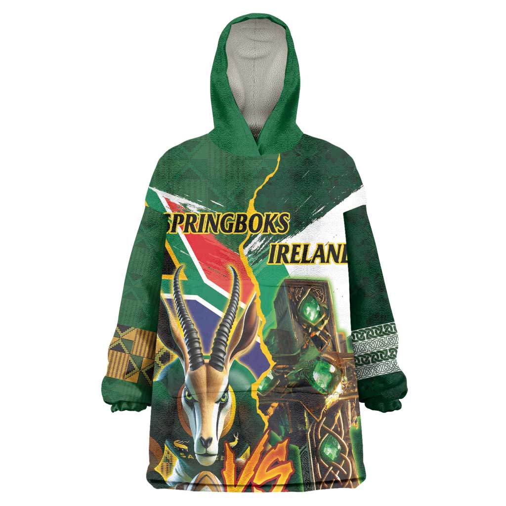 Personalized South Africa Versus Ireland Rugby Wearable Blanket Hoodie - Springbok Mascot, Celtic Cross Design LT03