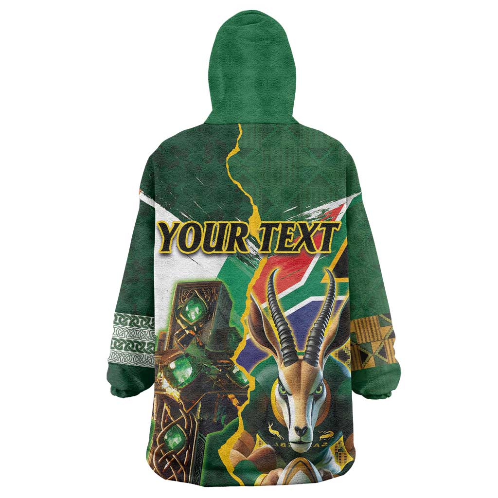 Personalized South Africa Versus Ireland Rugby Wearable Blanket Hoodie - Springbok Mascot, Celtic Cross Design LT03