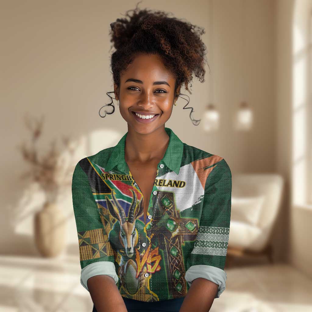 Personalized South Africa Versus Ireland Rugby Women Casual Shirt - Springbok Mascot, Celtic Cross Design LT03