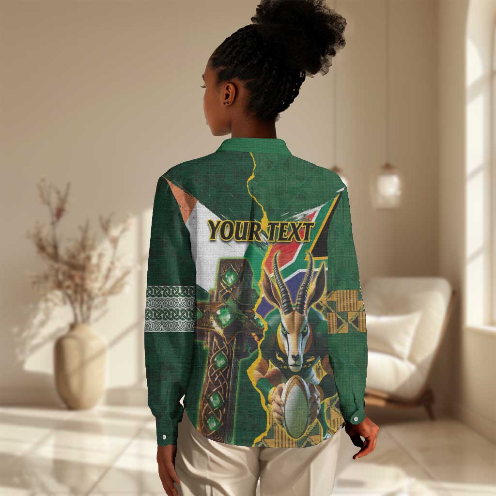 Personalized South Africa Versus Ireland Rugby Women Casual Shirt - Springbok Mascot, Celtic Cross Design LT03