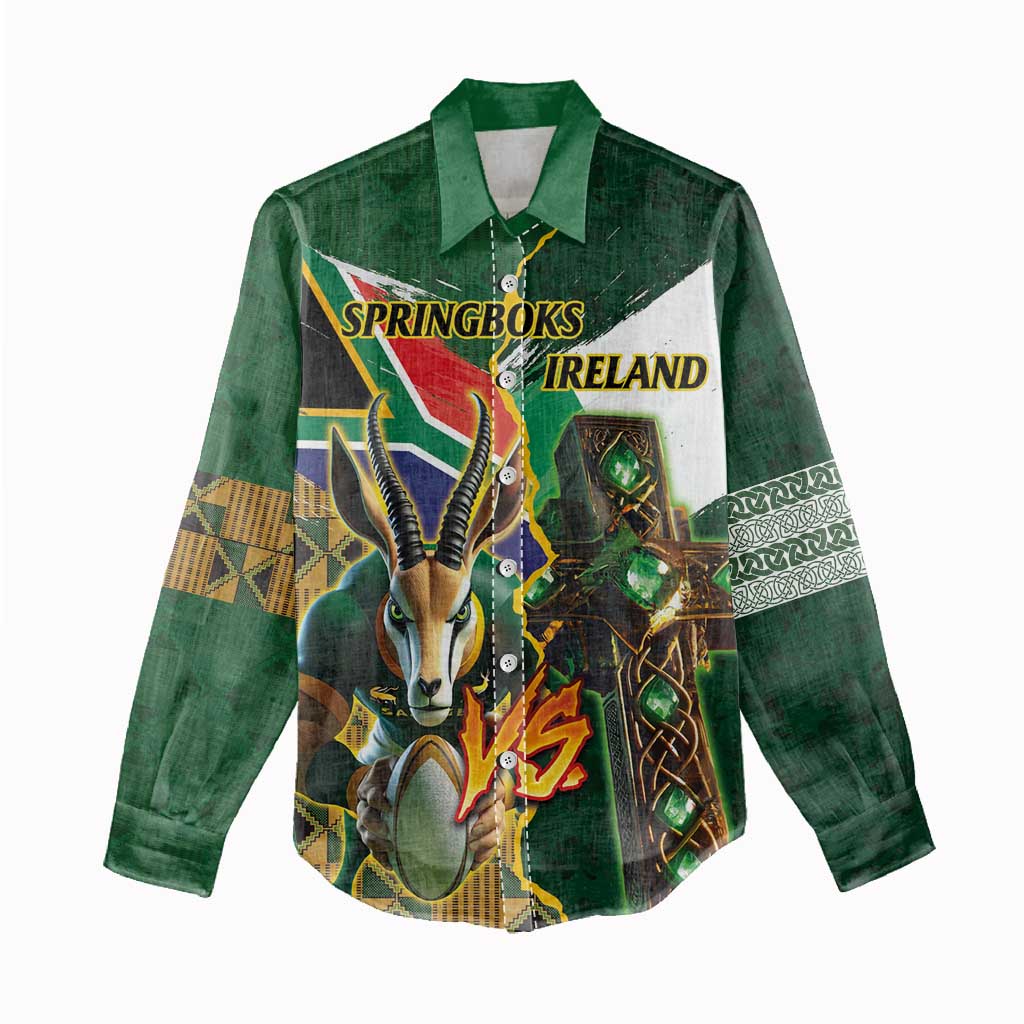Personalized South Africa Versus Ireland Rugby Women Casual Shirt - Springbok Mascot, Celtic Cross Design LT03