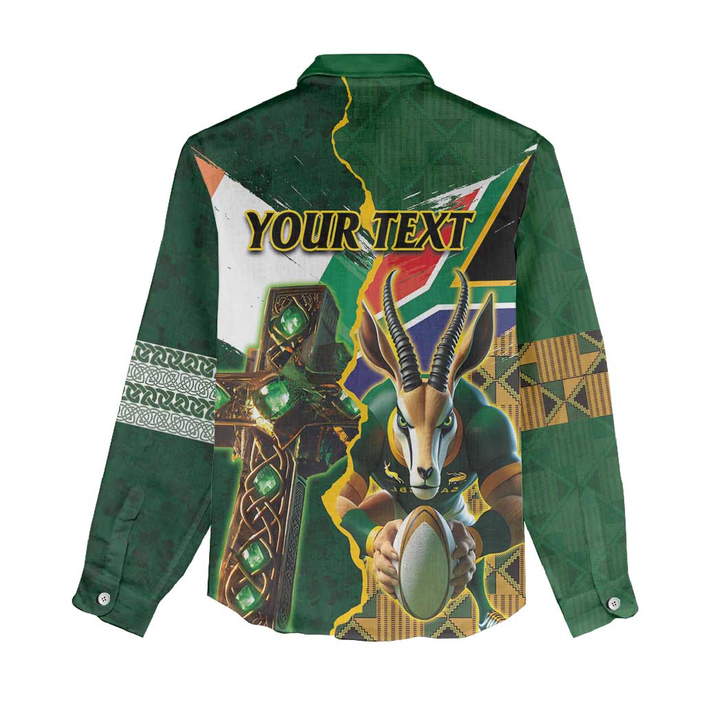 Personalized South Africa Versus Ireland Rugby Women Casual Shirt - Springbok Mascot, Celtic Cross Design LT03