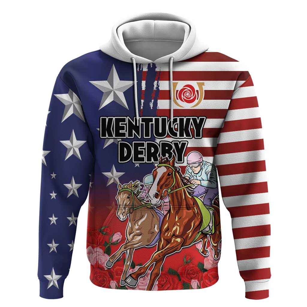 Kentucky Horses Racing Hoodie Roses Road with US Flag Style LT03