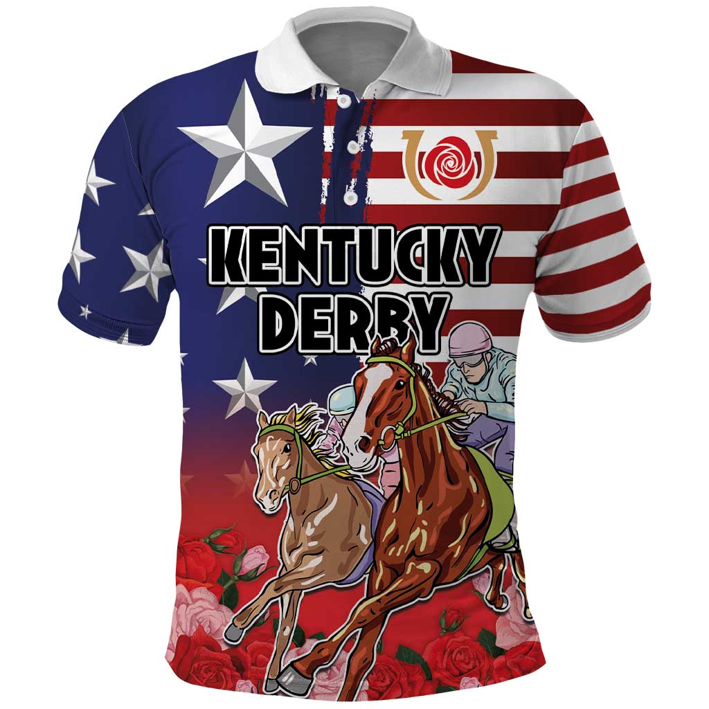 Kentucky Horses Racing Polo Shirt Roses Road with US Flag Style LT03