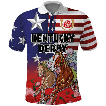 Kentucky Horses Racing Polo Shirt Roses Road with US Flag Style LT03