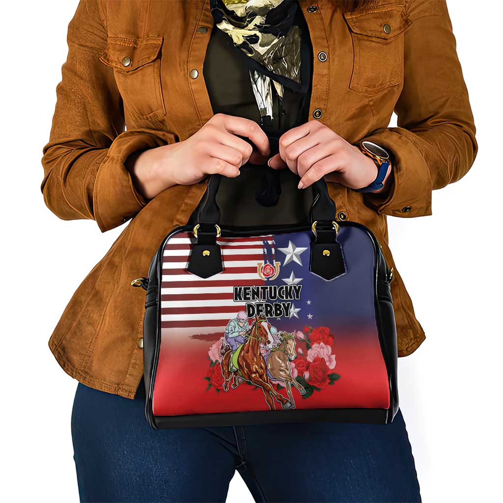 Kentucky Horses Racing Shoulder Handbag Roses Road with US Flag Style LT03