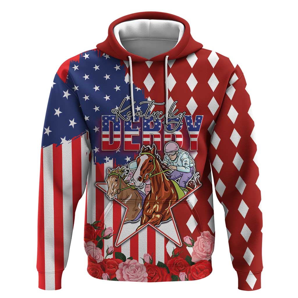 Kentucky Horses Racing Hoodie US Flag Grunge and Diamond Pattern Red Color LT03