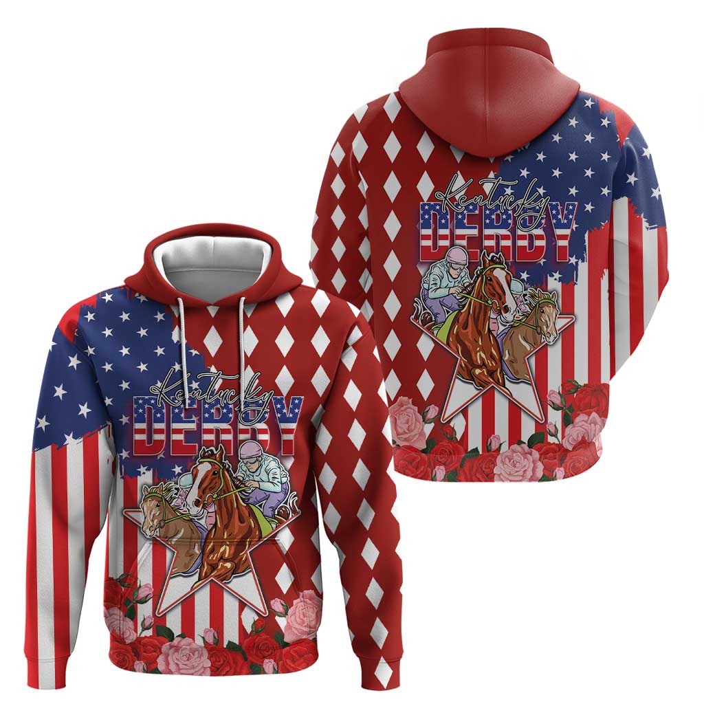 Kentucky Horses Racing Hoodie US Flag Grunge and Diamond Pattern Red Color LT03