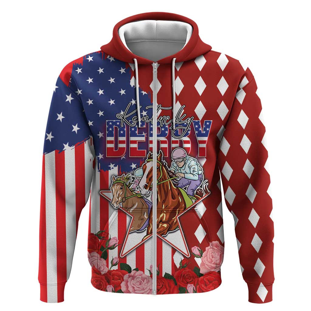 Kentucky Horses Racing Hoodie US Flag Grunge and Diamond Pattern Red Color LT03