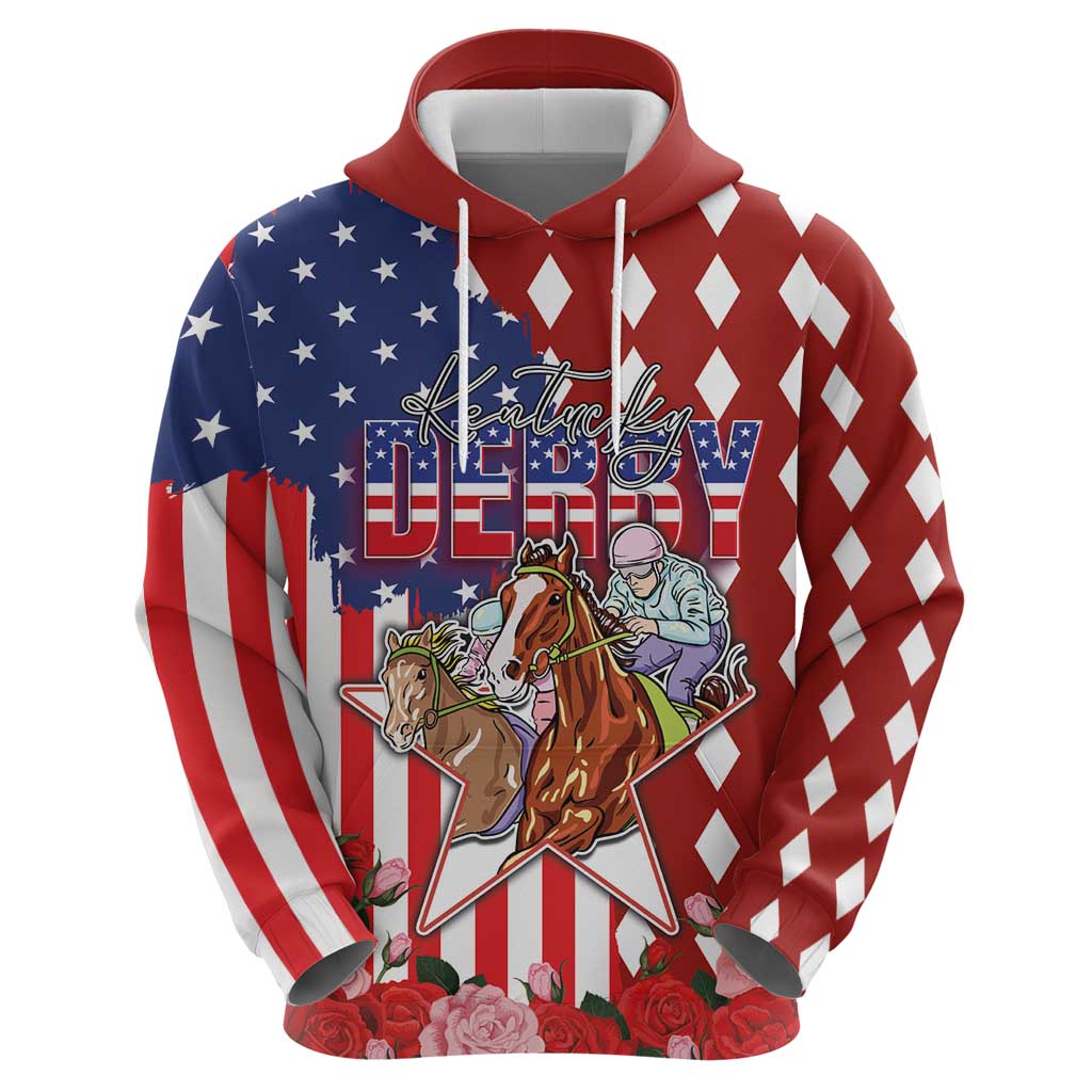 Kentucky Horses Racing Hoodie US Flag Grunge and Diamond Pattern Red Color LT03