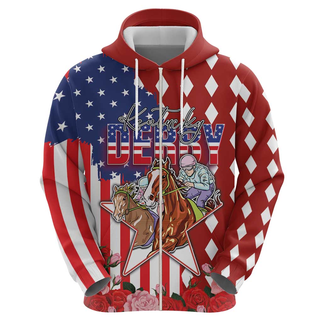 Kentucky Horses Racing Hoodie US Flag Grunge and Diamond Pattern Red Color LT03