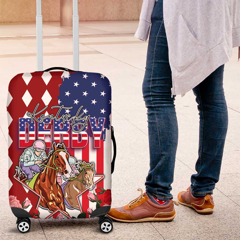Kentucky Horses Racing Luggage Cover US Flag Grunge and Diamond Pattern Red Color LT03