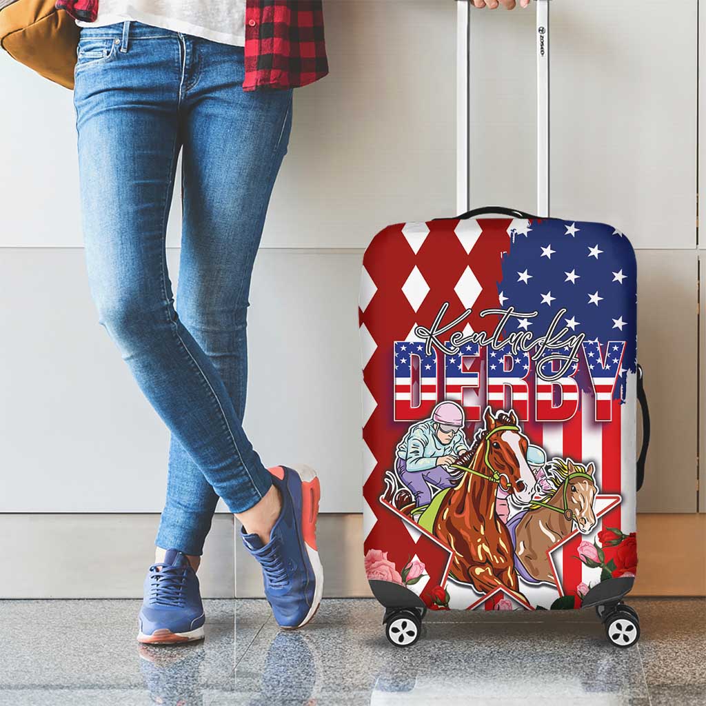 Kentucky Horses Racing Luggage Cover US Flag Grunge and Diamond Pattern Red Color LT03