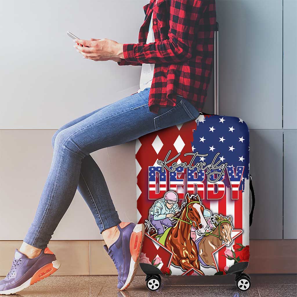 Kentucky Horses Racing Luggage Cover US Flag Grunge and Diamond Pattern Red Color LT03