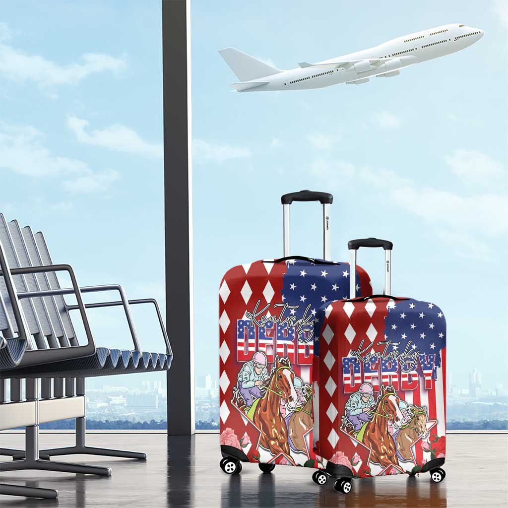Kentucky Horses Racing Luggage Cover US Flag Grunge and Diamond Pattern Red Color LT03