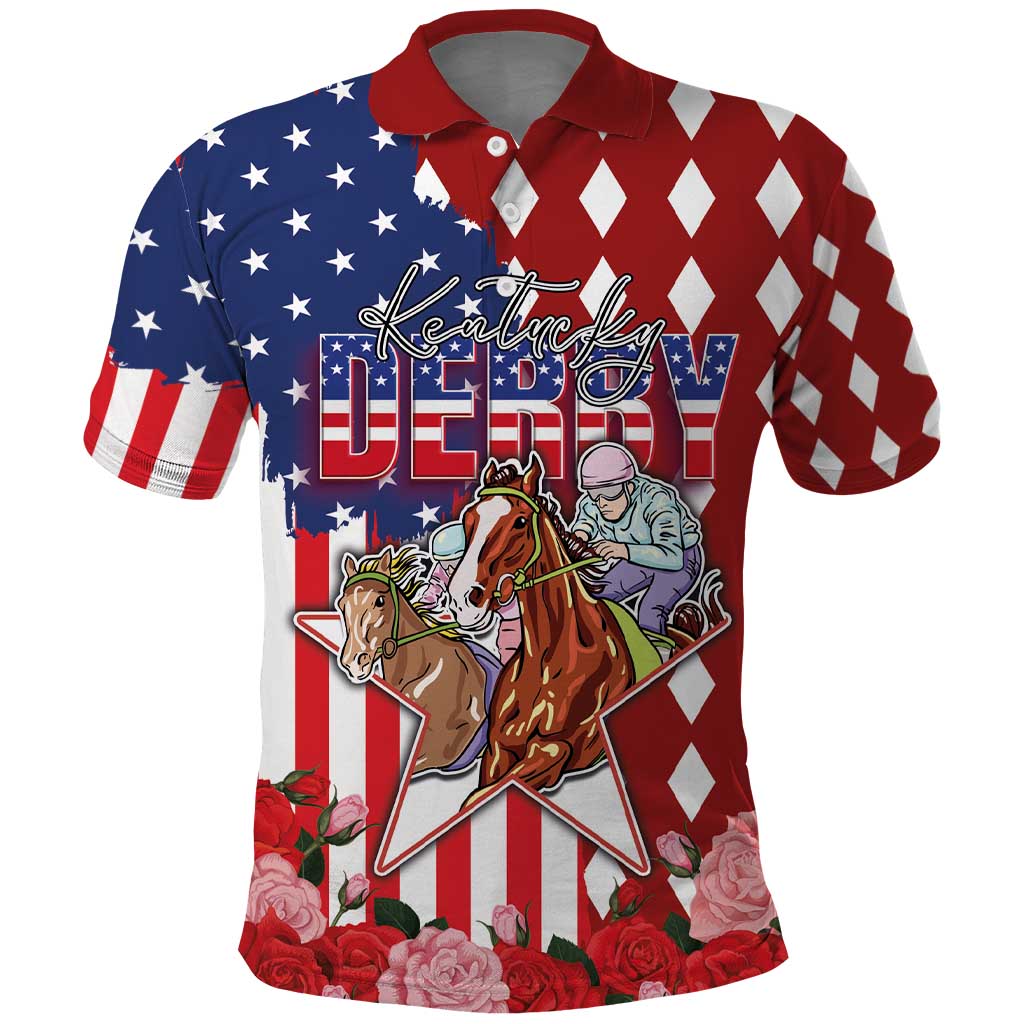 Kentucky Horses Racing Polo Shirt US Flag Grunge and Diamond Pattern Red Color LT03