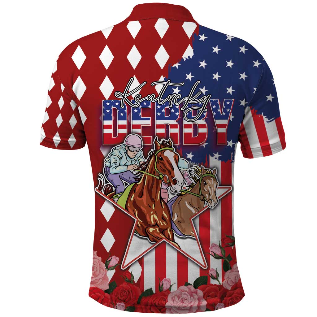 Kentucky Horses Racing Polo Shirt US Flag Grunge and Diamond Pattern Red Color LT03