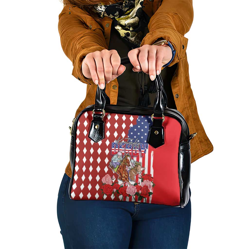 Kentucky Horses Racing Shoulder Handbag US Flag Grunge and Diamond Pattern Red Color LT03