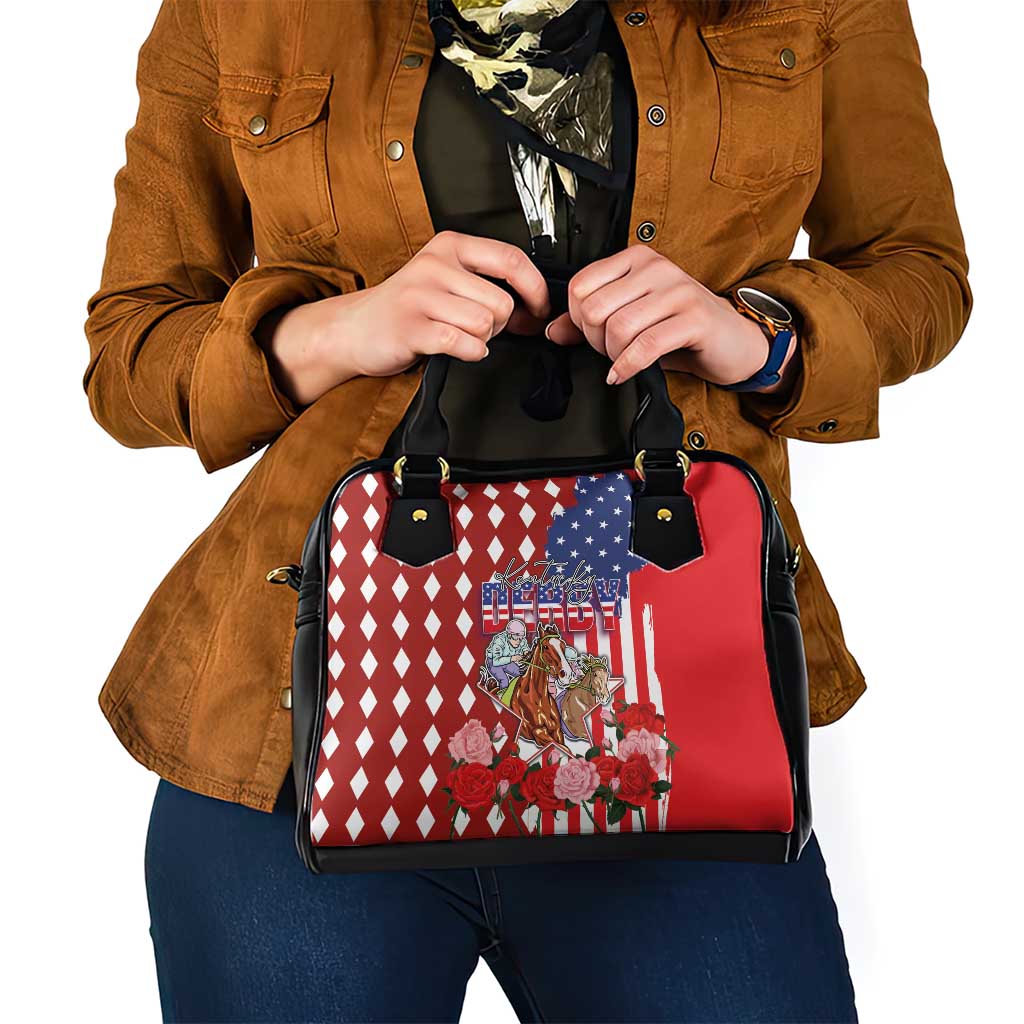 Kentucky Horses Racing Shoulder Handbag US Flag Grunge and Diamond Pattern Red Color LT03