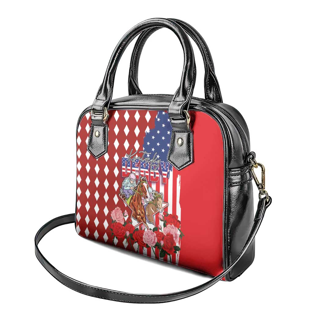 Kentucky Horses Racing Shoulder Handbag US Flag Grunge and Diamond Pattern Red Color LT03