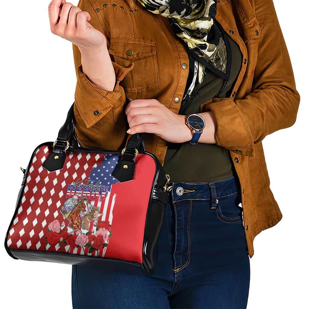 Kentucky Horses Racing Shoulder Handbag US Flag Grunge and Diamond Pattern Red Color LT03