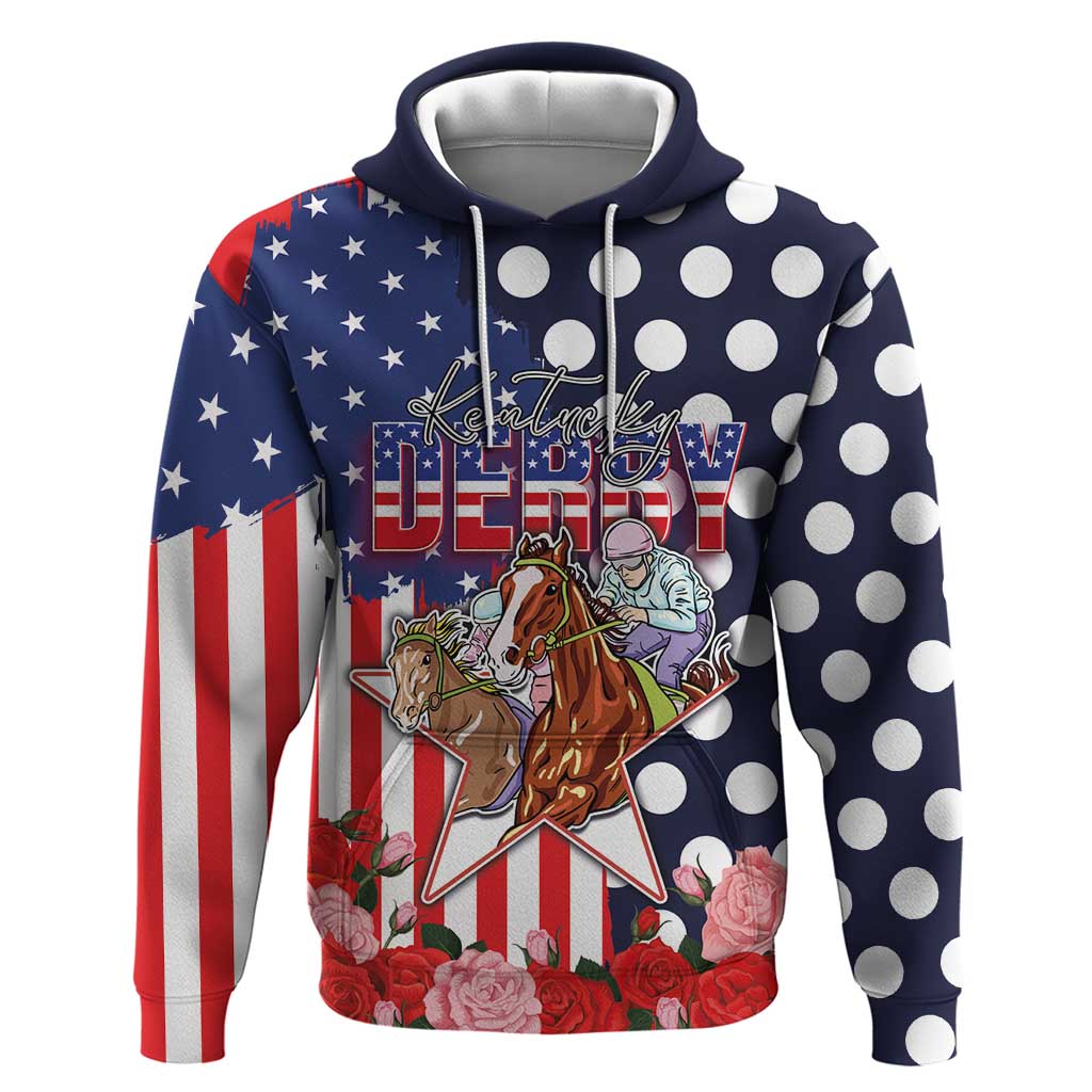 Kentucky Horses Racing Hoodie US Flag Grunge and Dot Pattern Blue Color LT03