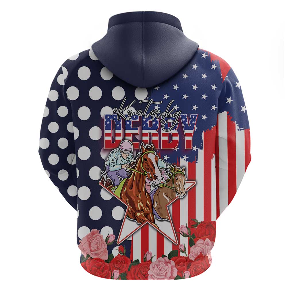 Kentucky Horses Racing Hoodie US Flag Grunge and Dot Pattern Blue Color LT03