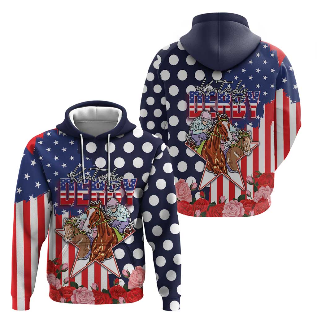 Kentucky Horses Racing Hoodie US Flag Grunge and Dot Pattern Blue Color LT03