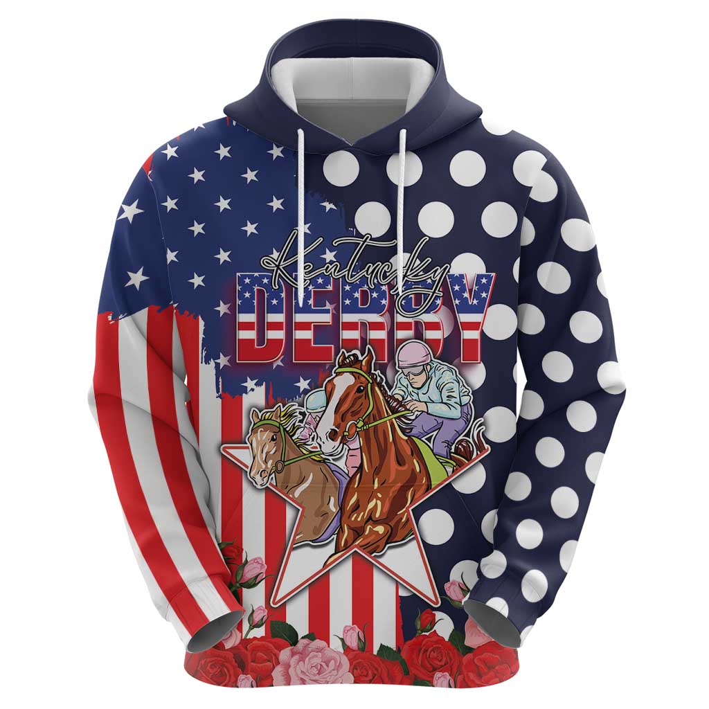 Kentucky Horses Racing Hoodie US Flag Grunge and Dot Pattern Blue Color LT03