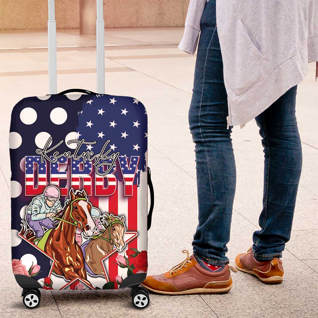 Kentucky Horses Racing Luggage Cover US Flag Grunge and Dot Pattern Blue Color LT03