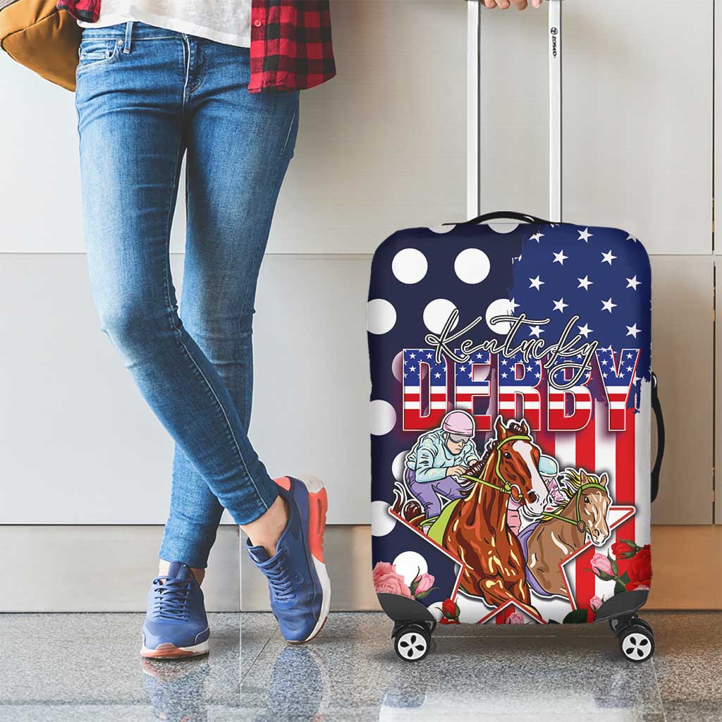 Kentucky Horses Racing Luggage Cover US Flag Grunge and Dot Pattern Blue Color LT03