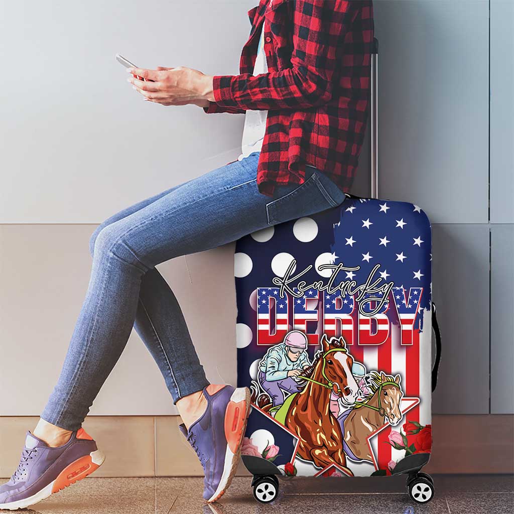 Kentucky Horses Racing Luggage Cover US Flag Grunge and Dot Pattern Blue Color LT03
