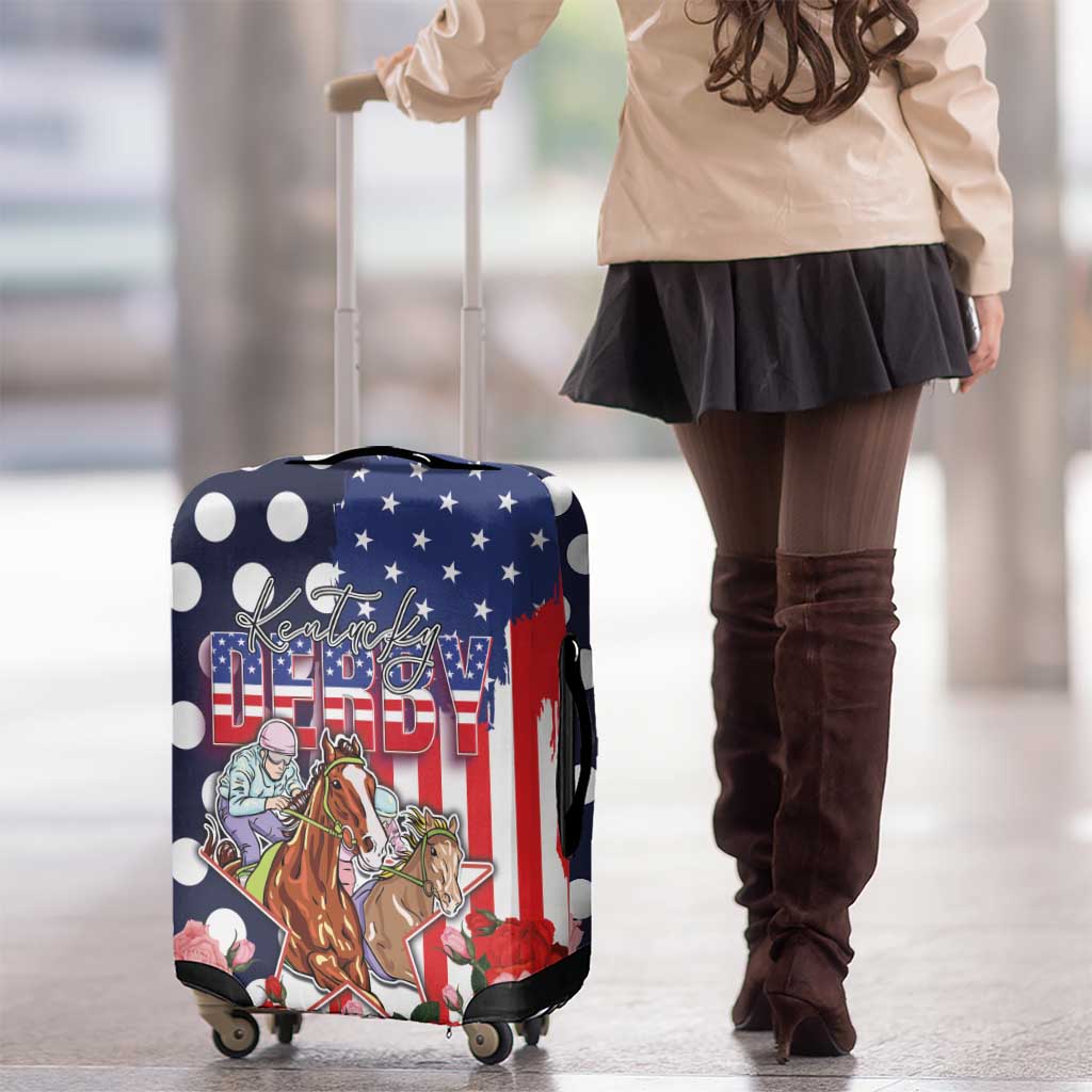 Kentucky Horses Racing Luggage Cover US Flag Grunge and Dot Pattern Blue Color LT03