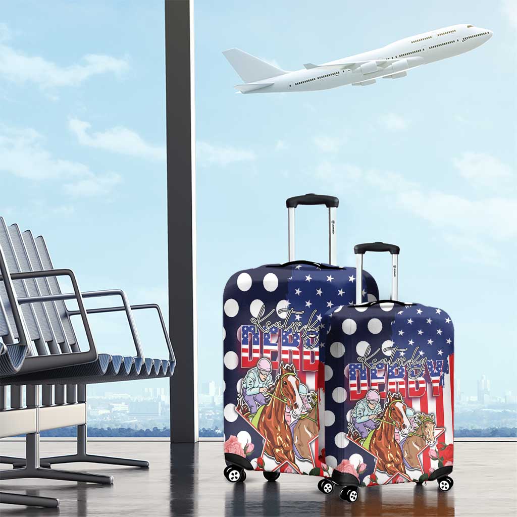 Kentucky Horses Racing Luggage Cover US Flag Grunge and Dot Pattern Blue Color LT03