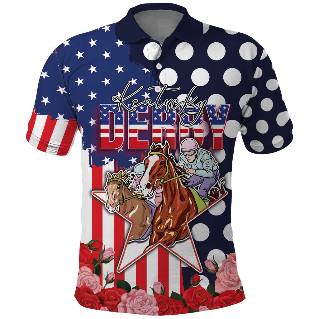Kentucky Horses Racing Polo Shirt US Flag Grunge and Dot Pattern Blue Color LT03