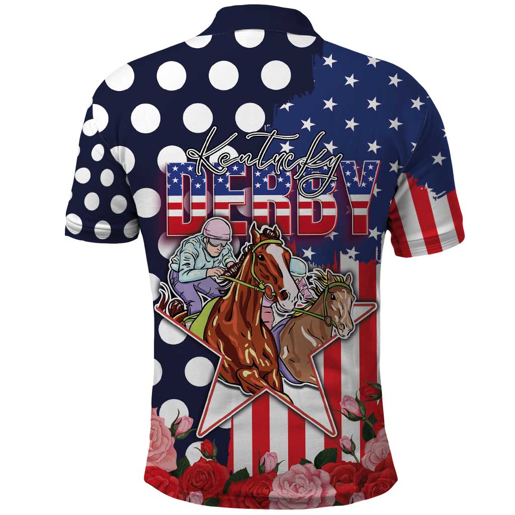 Kentucky Horses Racing Polo Shirt US Flag Grunge and Dot Pattern Blue Color LT03