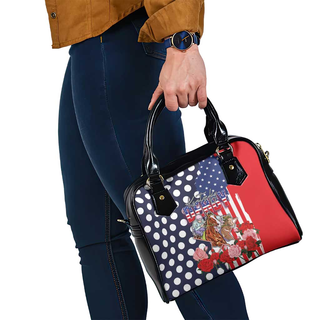 Kentucky Horses Racing Shoulder Handbag US Flag Grunge and Dot Pattern Blue Color LT03